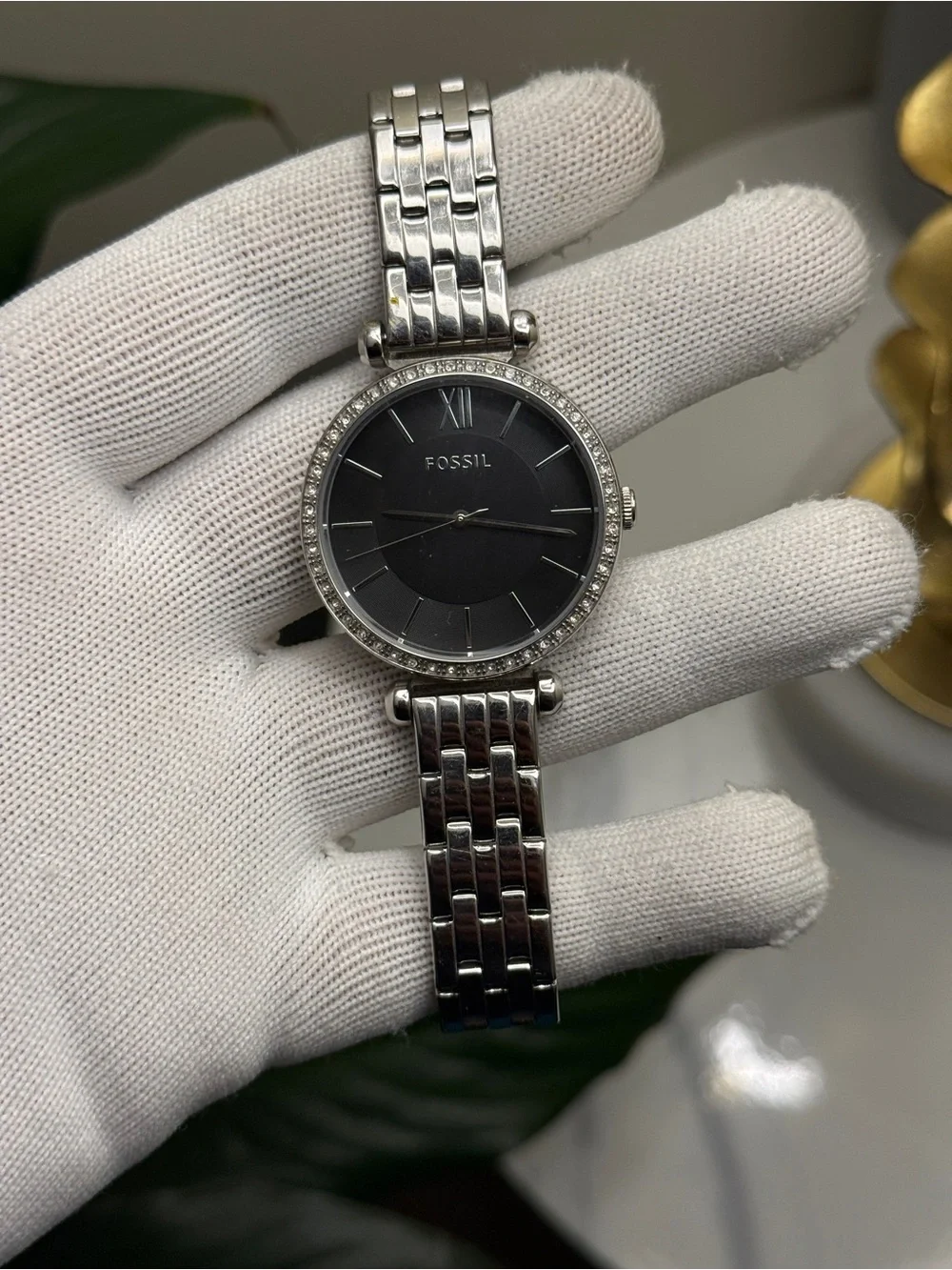 Fossil Women's Silver Stainless Steel Watch with Black Dial